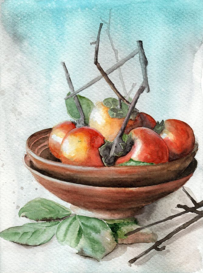 Glinowa miska dojrzałych żółtych persymonów ilustracji