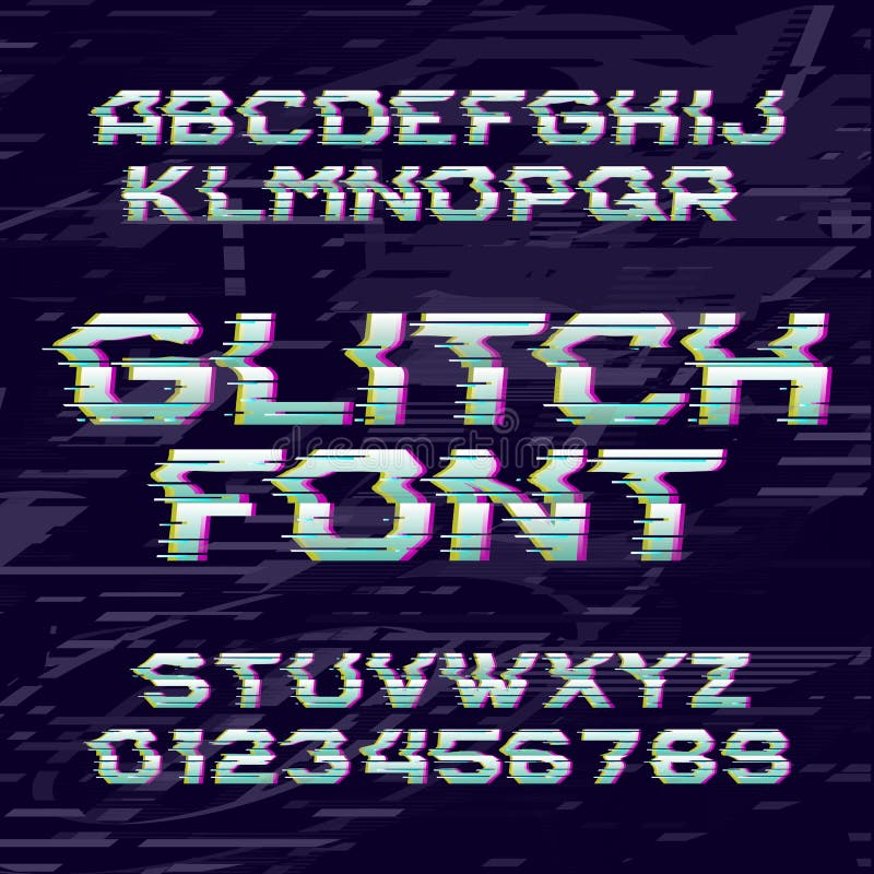 Vector Glitch Alphabet. Letter And Numbers. Glitched Typeface With