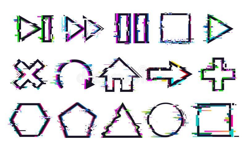 Glitch buttons. Music and game control icons with distorted effect. Play, stop or pause and rewind, refresh stock illustration