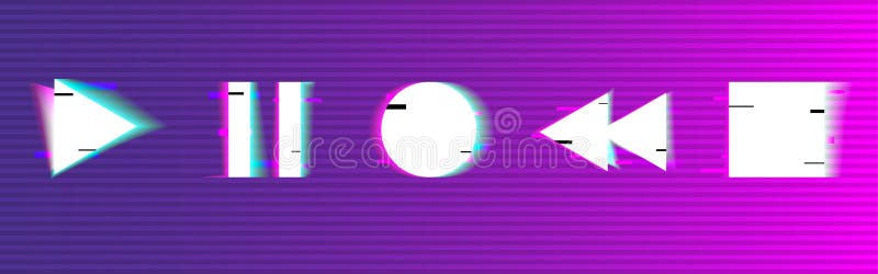 Glitch buttons set. Play, stop, pause, rewind. Digital playback buttons. Abstract modern elements. Distorted stereo vector illustration