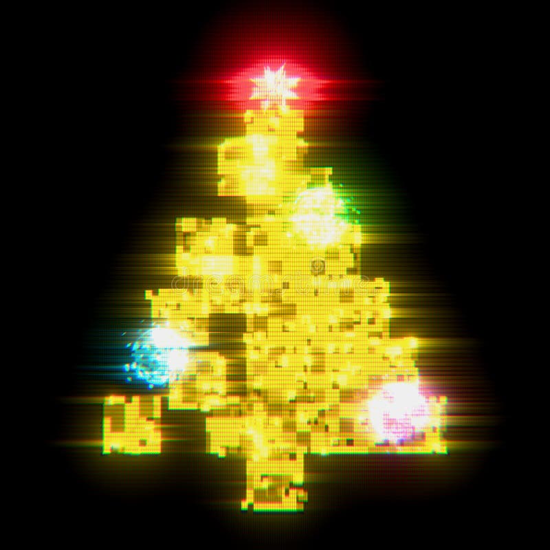 Glitch digital, brad de Crăciun pixelat vector illustration