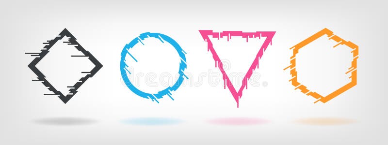 Glitch effect frames. Tv distortion geometric shapes, party flyer futuristic interference effect. Vector dynamic vector illustration Glitch effect frames. Tv distortion geometric shapes, party flyer futuristic interference effect. Vector dynamic vector illustration