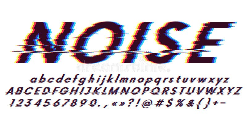 Glitch font oblique na białym tle, błąd obrazu cyfrowego, zniekształcenia liter i znaków, efekt stereo 3d, niebieski i ilustracji