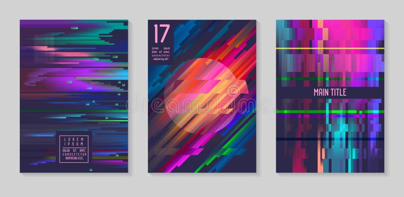 Glitch Futuristic Posters, Covers Set. Hipster Design Compositions for Brochures, Flyers, Placards. Trendy Template