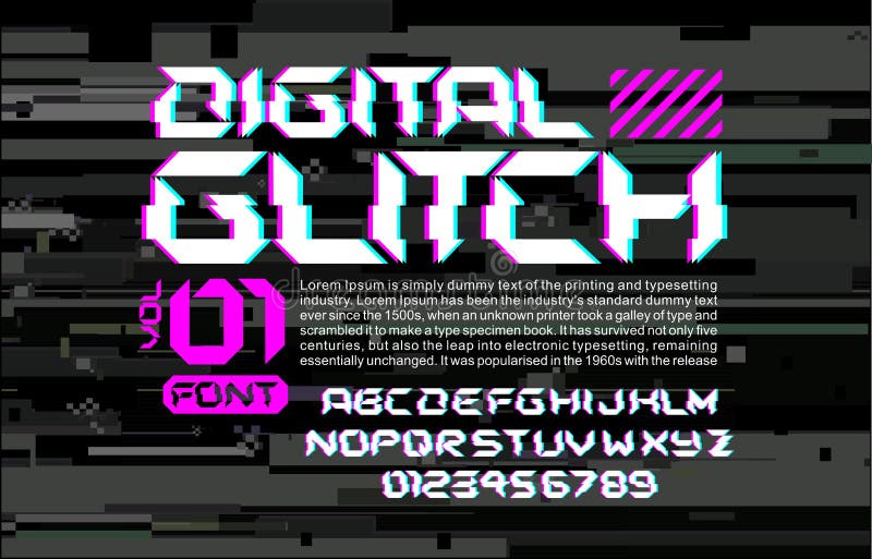 Glitch hi-tech het ruimtedoopvont stileert van letters voorzien op digitale glitch achtergrond cyberpunk ontwerpsamenstelling met royalty-vrije illustratie Glitch hi-tech het ruimtedoopvont stileert van letters voorzien op digitale glitch achtergrond cyberpunk ontwerpsamenstelling met royalty-vrije illustratie
