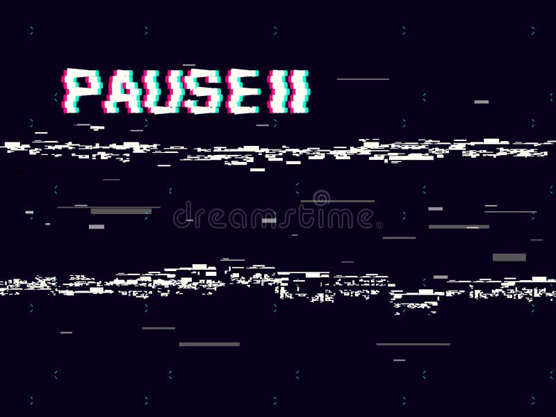 Glitch pause with symbol on dark background. Retro VHS backdrop. Abstract white distortions. Video cassette effect royalty free illustration Glitch pause with symbol on dark background. Retro VHS backdrop. Abstract white distortions. Video cassette effect royalty free illustration