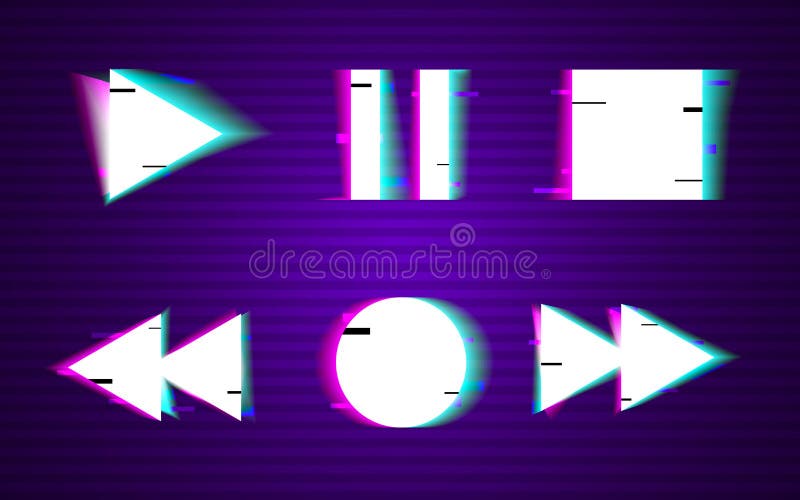 Glitch set of buttons. Minimal design. Play, rewind, stop, pause,record collection elements. VHS shapes with distortion royalty free illustration Glitch set of buttons. Minimal design. Play, rewind, stop, pause,record collection elements. VHS shapes with distortion royalty free illustration