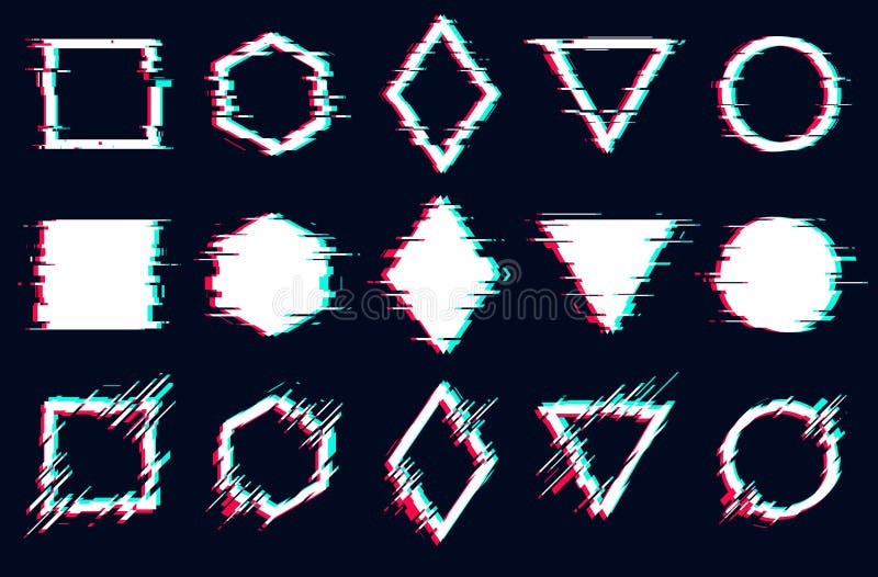 Glitched square, hexagon, rhombus, triangle and circle frames, Vector glitch set digital noise defect royalty free illustration
