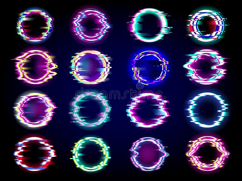 Glitches collection. Neon glowing circle glitches templates pixel rings with place for text recent vector noise royalty free illustration