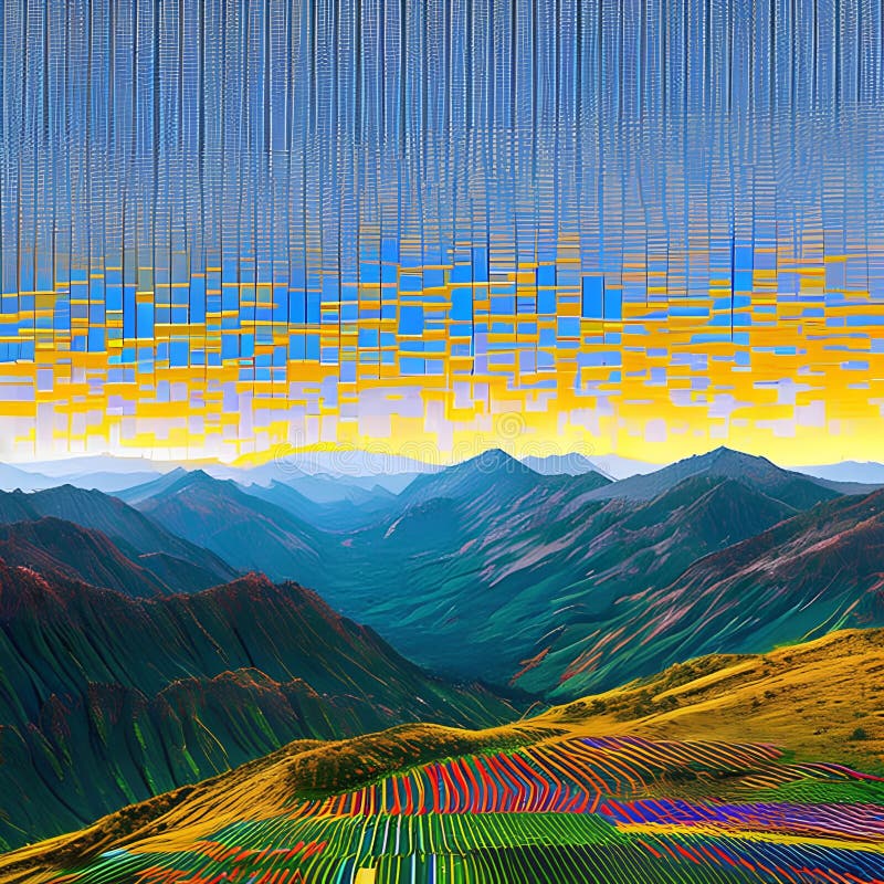 A Glitchy Abstract Landscape of Mountains and Valleys, with Pixels and