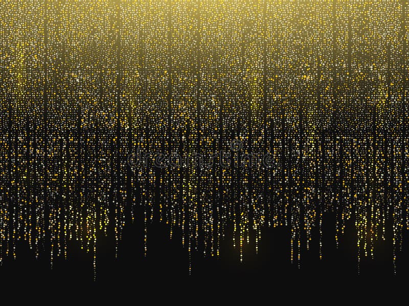 Glitter background. Gold garlands falling down. Christmas background. Golden sparks on a black backdrop. Luxury