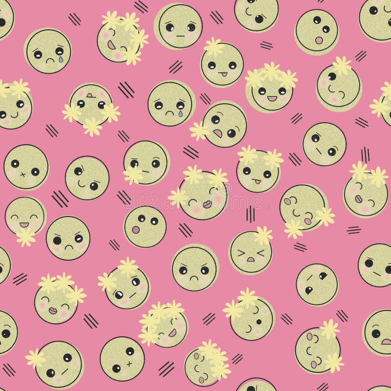 Glitter Emojis with Cute Flowers Seamless Pattern for Textile and