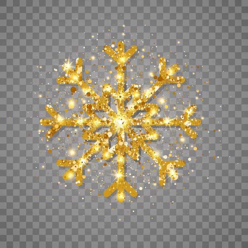 Glitter golden snowflake on transparent background. Glowing gold snowflakes with glitter texture. Luxury Christmas and