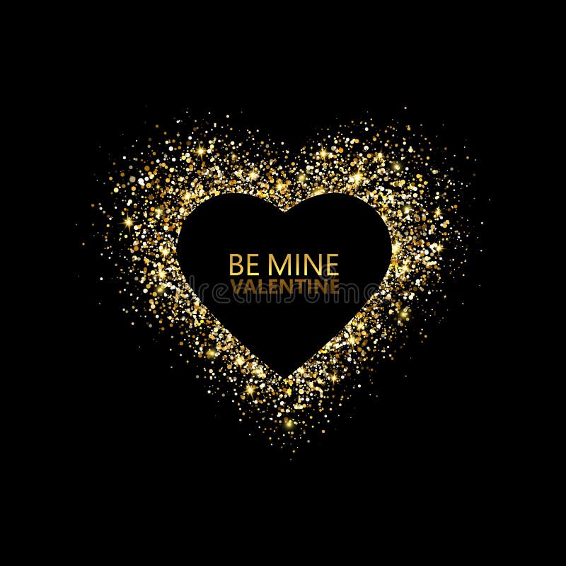 Glitter heart frame. Happy Valentines Day background. Glowing gold stream of confetti particles. Be my Valentine card. Shiny heart