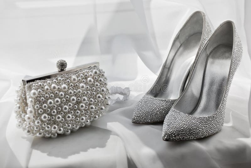 Glitter Silver Shoe And Clutch Bag Stock Image Image of hand, lace