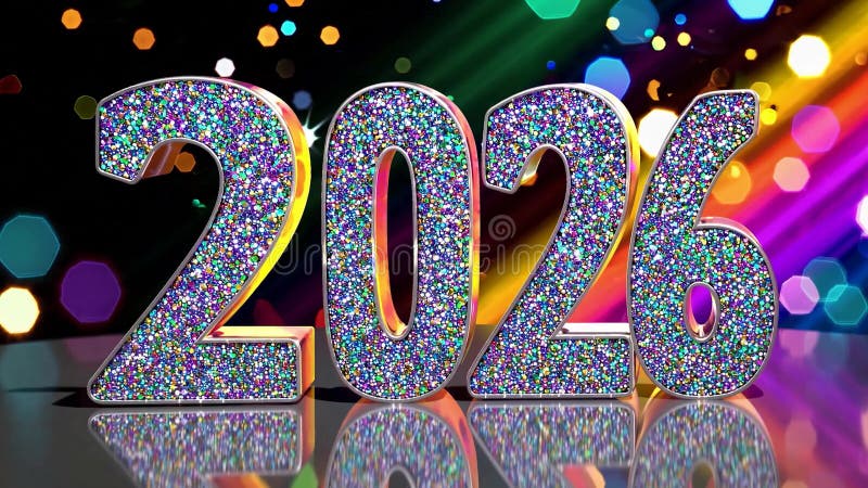 Glitter som är täckt med 2026 siffror står på en reflekterande yta belyst med vibrerande, färgstarka bågsljus som ger ett framträd arkivfilmer