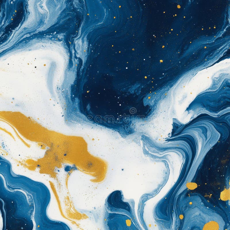 Glitter and spheres are embedded in an abstract blue and gold marble texture stock photography