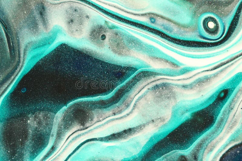 Glitter Teal Flows Across the Canvas with Layers of Black and White in