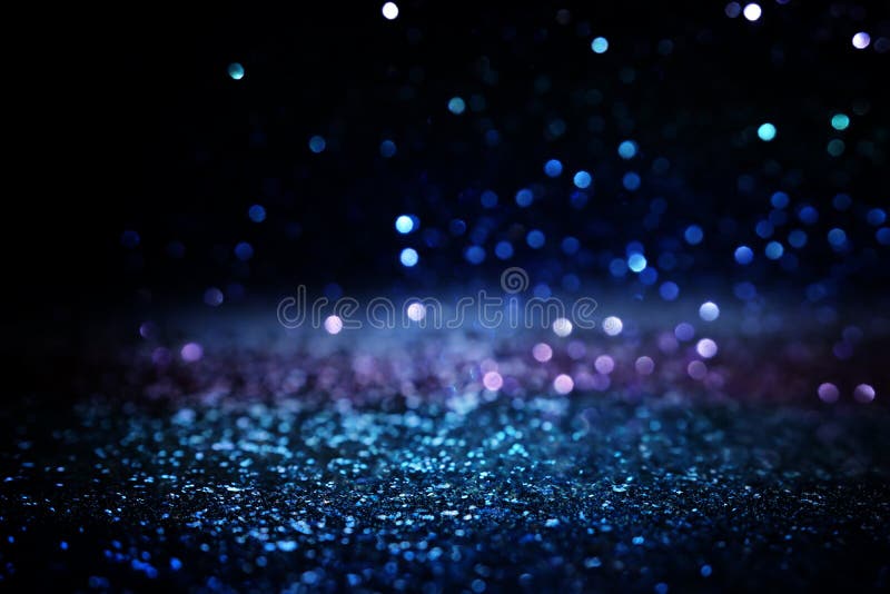 Glitter Vintage Lights Background. Black Silver and Blue Stock Image