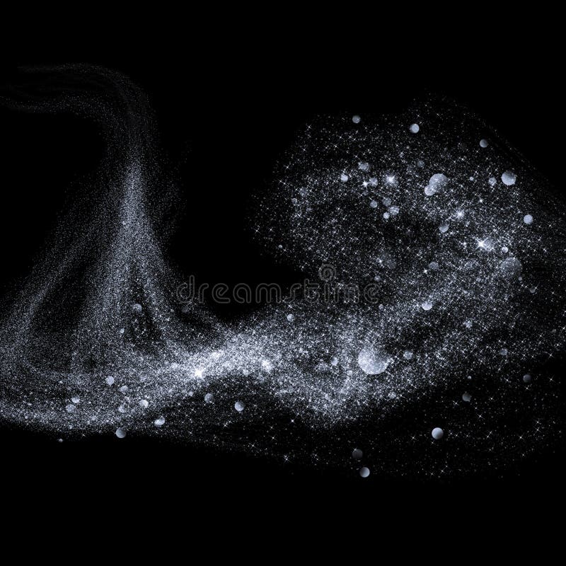 Glittering silver smoke tail or heat haze wave wind snow texture. Silver light glitter trail or trace with lens flare bokeh blur e