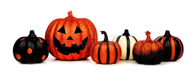 Glittery Halloween-Kürbise und Laterne Jacks O lokalisiert auf Weiß stockfoto Glittery Halloween-Kürbise und Laterne Jacks O lokalisiert auf Weiß stockfoto