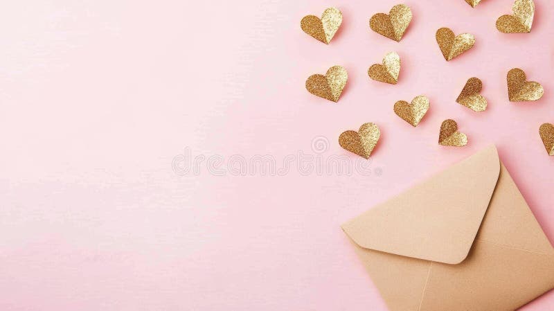 Glitzernde goldene Herzen verstreut um einen braunen Umschlag lizenzfreie abbildung