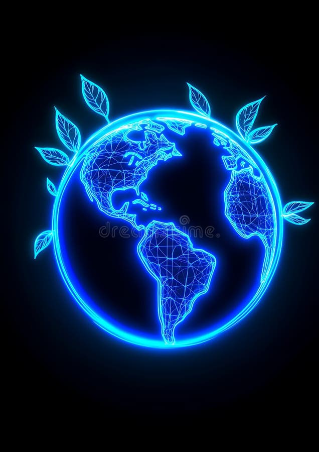 Glob albastru strălucitor cu Frunze Eco Friendly Map întunecat Neon World Green vector illustration
