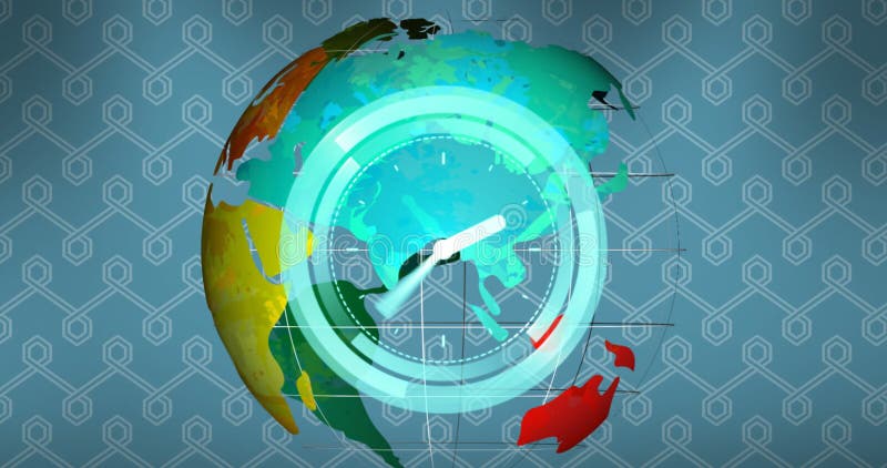 Glob digital colorat cu modele abstracte și suprapunere futuristă a ceasului royalty free illustration