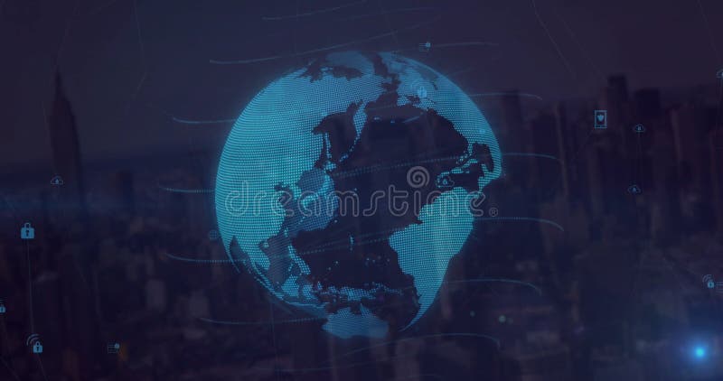 Glob digital rotativ cu pictograme de date suprapuse peste fundalul unui peisaj urban stock illustration