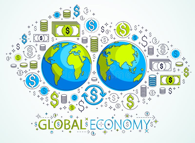 Globaal economieconcept, aarde met geplaatste dollarpictogrammen, internationale zaken, muntuitwisseling, het mondiale net van In vector illustratie Globaal economieconcept, aarde met geplaatste dollarpictogrammen, internationale zaken, muntuitwisseling, het mondiale net van In vector illustratie