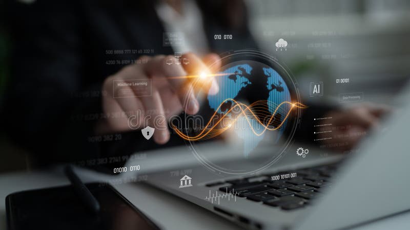 Global AI and data processing system with digital earth interface Latch stock photo