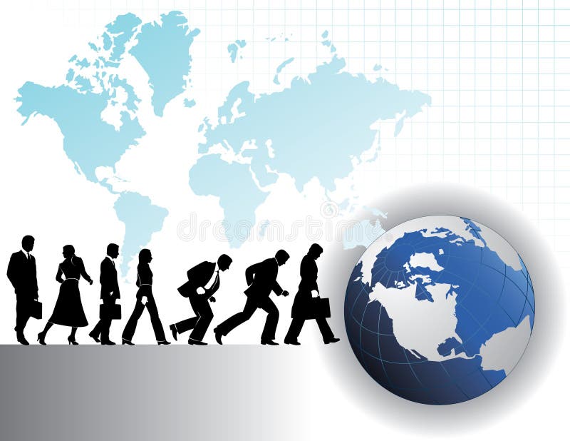 A illustration with the silhouettes of seven active businesspeople and a world globe against the outline of a world atlas. Global business theme.