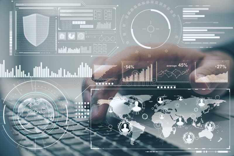 Global business concept with digital screen with data analysis and man typing on keyboard. Double exposure stock illustration