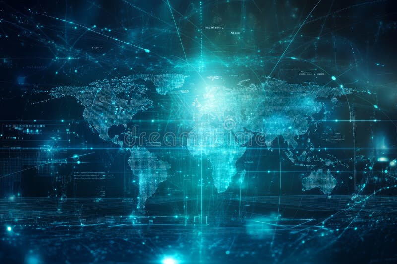 Global business concept world map with technology symbols and internet connectivity elements royalty free illustration