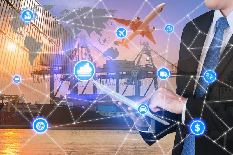 Global business connection technology interface global partner connection of Container Cargo freight ship for logistic import export background. Business logistics concept , internet of things. Global network connection map stock images, royalty-free photos and pictures