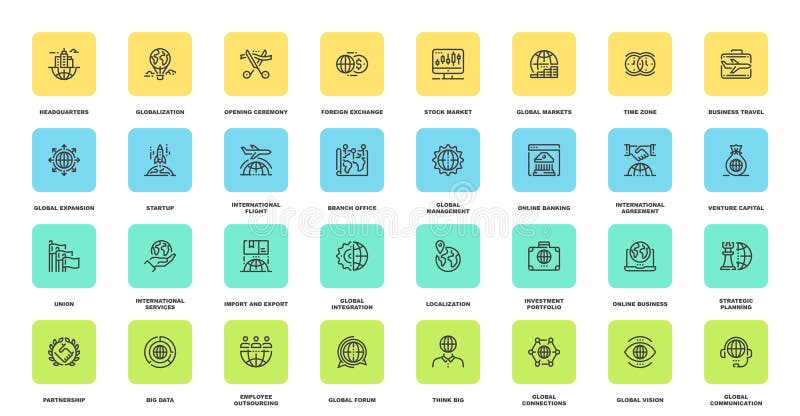 Global Business Flat Line Web Icon Concepts royalty free illustration