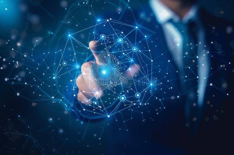 Global business integration businessman with digital network icon on high quality virtual screen stock illustration