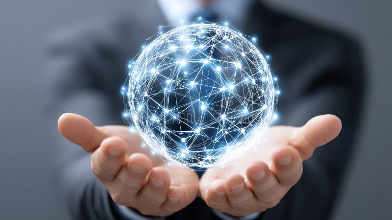 Global Business Network in Hands Businessman presenting a global network symbolizing connection innovation technology growth vector illustration