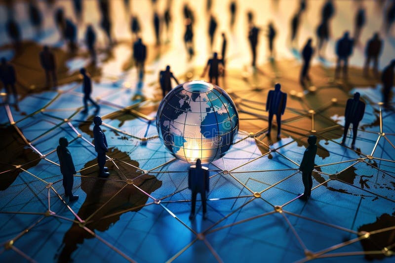 Global business networking for analysis, recruitment, outsourcing, and teamwork in tech and services vector illustration