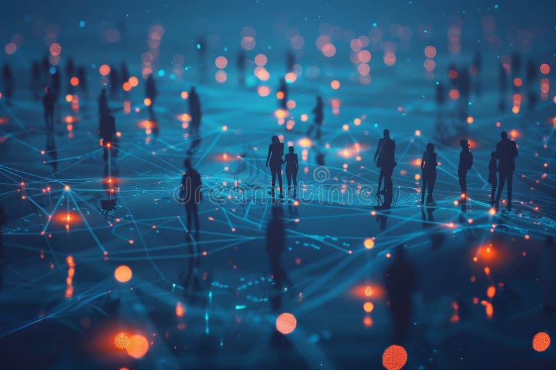 Global business networking professionals connecting on a world map with city lights background royalty free illustration