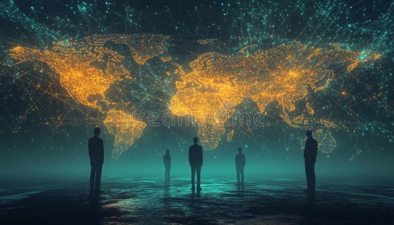 Global business networking professionals on world map with glowing connections and tech royalty free illustration