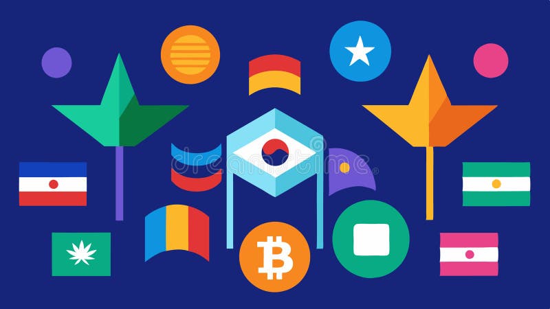 Global Coins and Flags Various cryptocurrency symbols surrounded by abstract representations of flags from different royalty free illustration