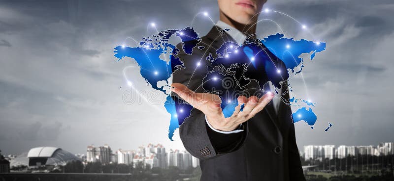 Global communication and networking. Close of male hand presenting media map. 3d rendering