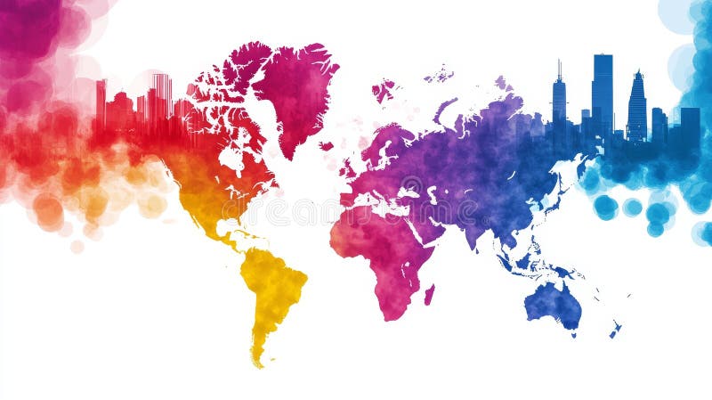Global Connections Watercolor Map World map watercolor city skylines global network vibrant colors Symbolizes connection stock illustration