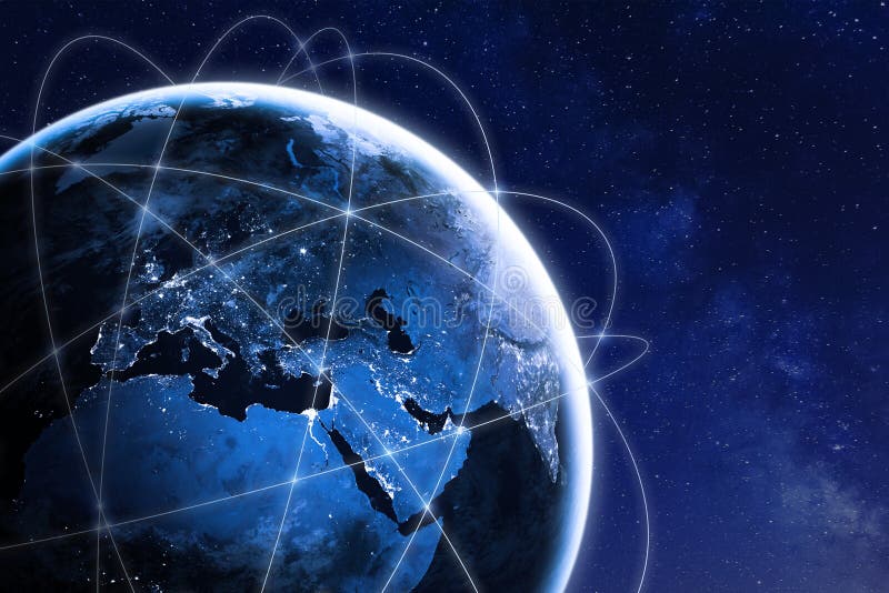 Global connectivity concept with worldwide communication network connection lines around planet Earth viewed from space, satellite royalty free stock image