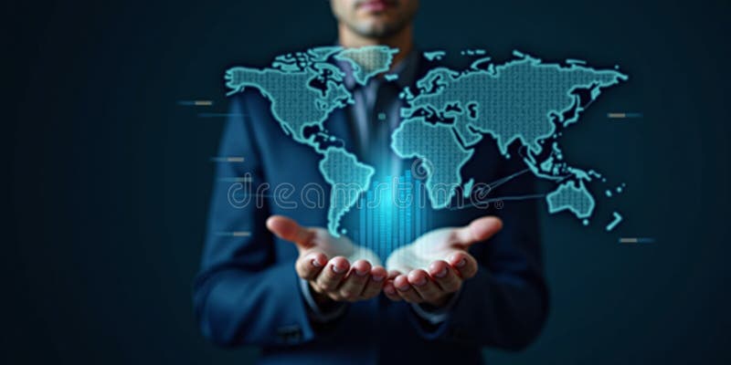 Global Connectivity: Hand Holding Futuristic World Map vector illustration