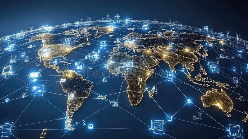 Global connectivity network with illuminated world map and digital icons royalty free stock image