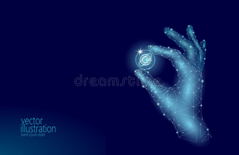 Global cryptocurrency GCC coin blockchain link low poly hand. Polygonal geometric 3d render point live digital stock illustration Global cryptocurrency GCC coin blockchain link low poly hand. Polygonal geometric 3d render point live digital stock illustration