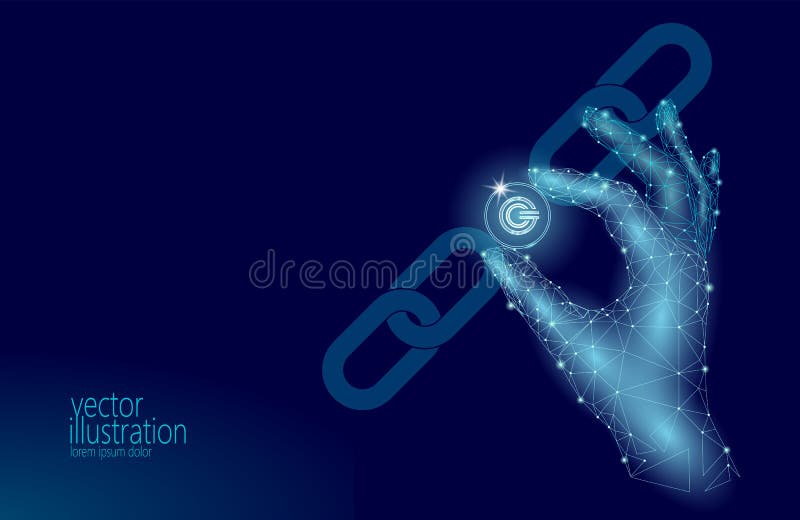 Global cryptocurrency GCC coin blockchain link low poly hand. Polygonal geometric 3d render point live digital royalty free illustration Global cryptocurrency GCC coin blockchain link low poly hand. Polygonal geometric 3d render point live digital royalty free illustration