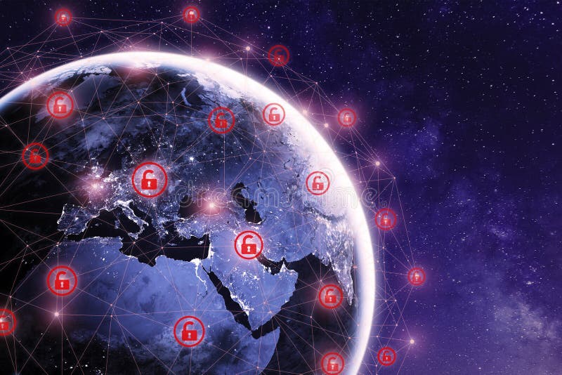 Global cyber attack around the world with planet Earth viewed from space and internet network communication under cyberattack with stock images